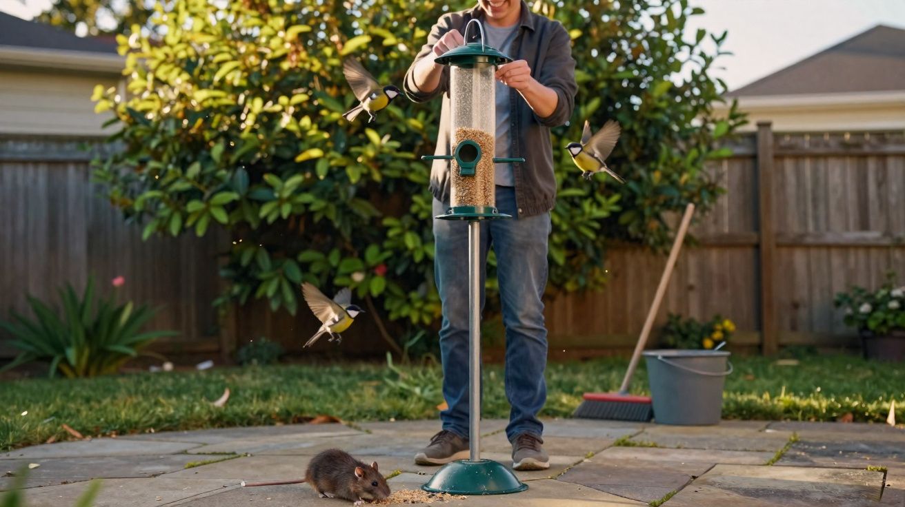 Pessoa alimenta pássaros em comedouro no jardim, enquanto rato se alimenta no chão próximo.