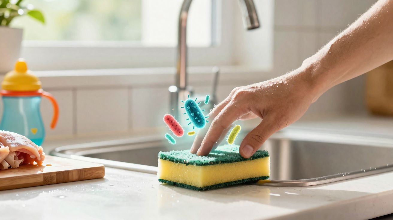 Mão tocando esponja de cozinha com ilustrações de germes em pia de cozinha.