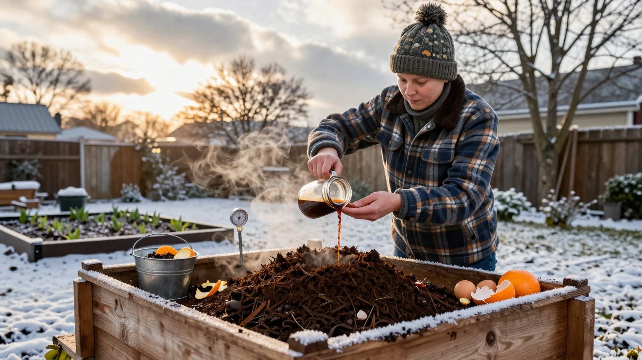Pessoa derramando líquido quente em caixa de compostagem em jardim com neve ao fundo.