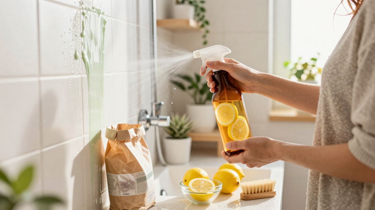 Pessoa usando borrifador com limões para limpar superfície de banheiro com plantas ao fundo