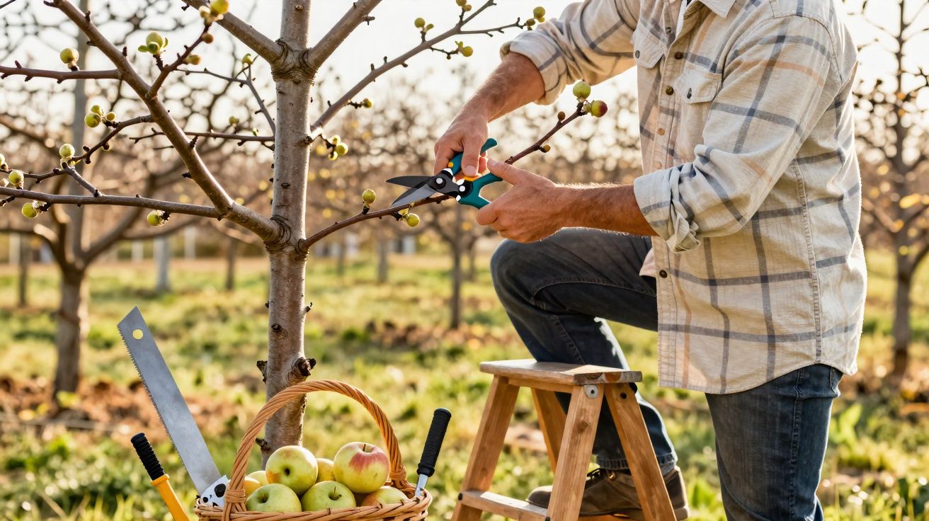 Homem podando galhos de árvore em pomar com tesoura em pé em escada de madeira.