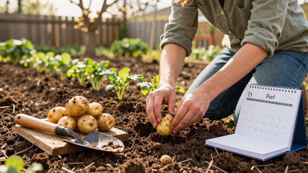 Pessoa plantando batatas no solo de horta com calendário aberto e ferramentas ao lado.
