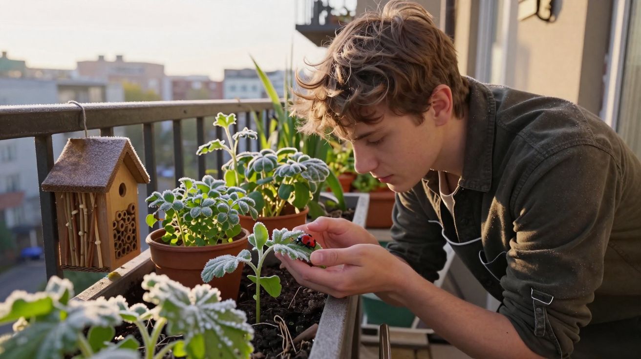 Jovem em varanda cuidando de plantas em vasos enquanto observa uma joaninha sobre uma folha.