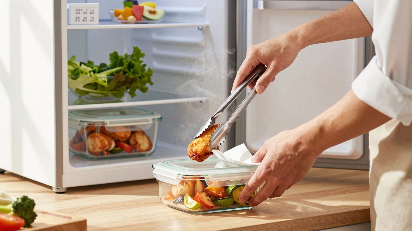 Pessoa usando pegador para colocar frango quente em recipiente de vidro na cozinha, geladeira aberta ao fundo.