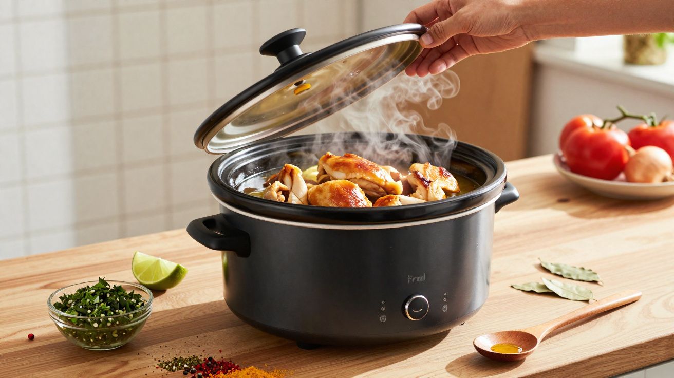 Panela elétrica preta com frango cozinhando e vapor saindo, mão levantando a tampa na cozinha.