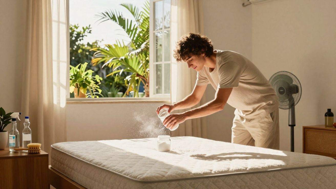 Jovem aplica produto em pó sobre colchão em quarto iluminado por luz natural, com planta na janela e ventilador ao fundo.