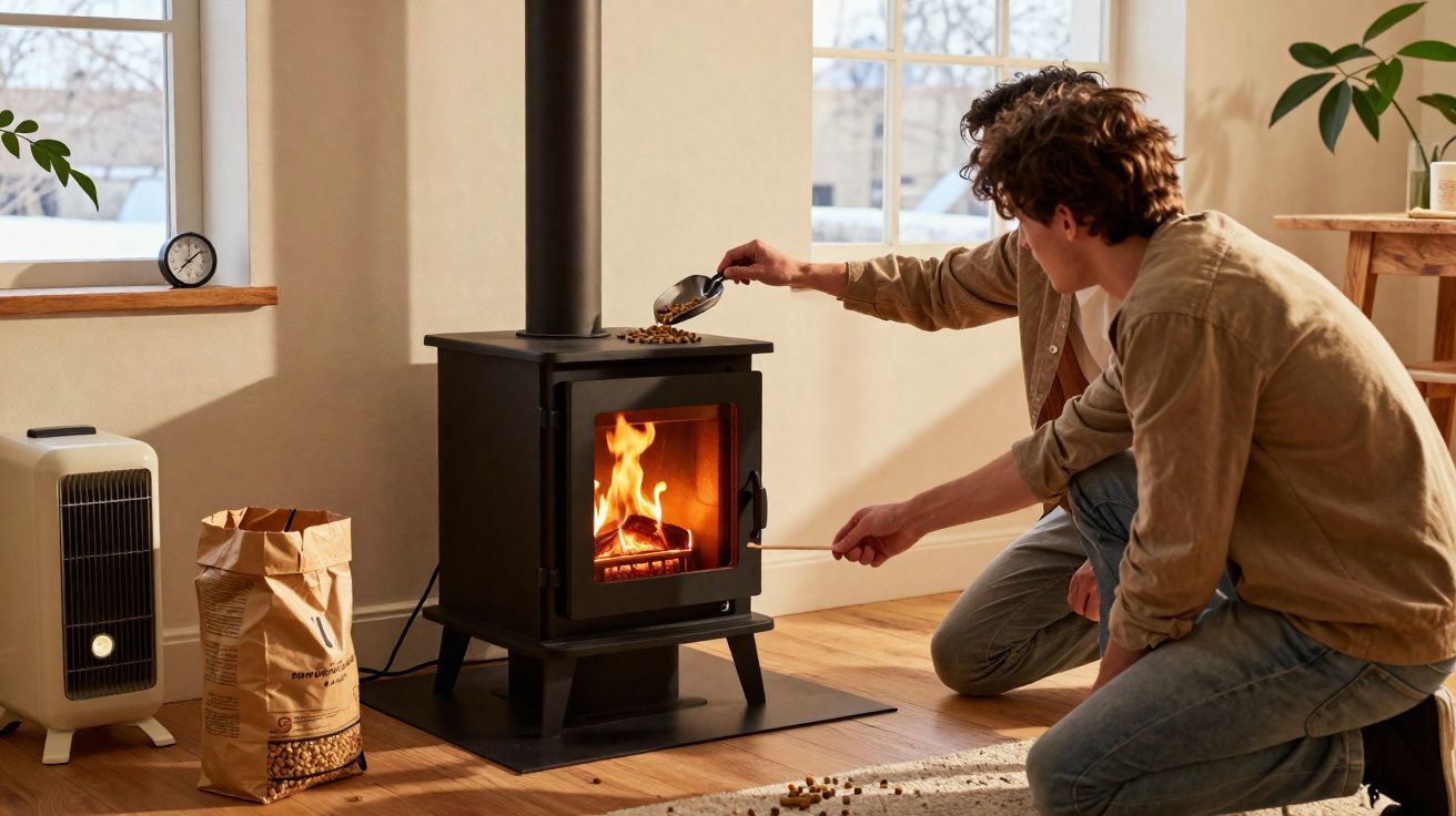 Jovem alimenta fogão a lenha enquanto outra pessoa ajusta a madeira em ambiente interno iluminado.