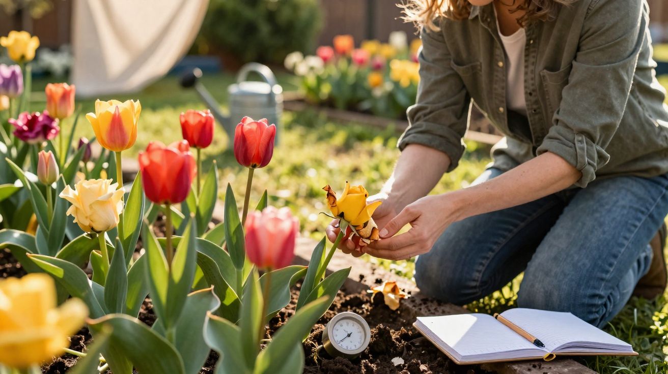 Pessoa cuidando de tulipas coloridas em jardim com caderno e termômetro de solo ao lado.
