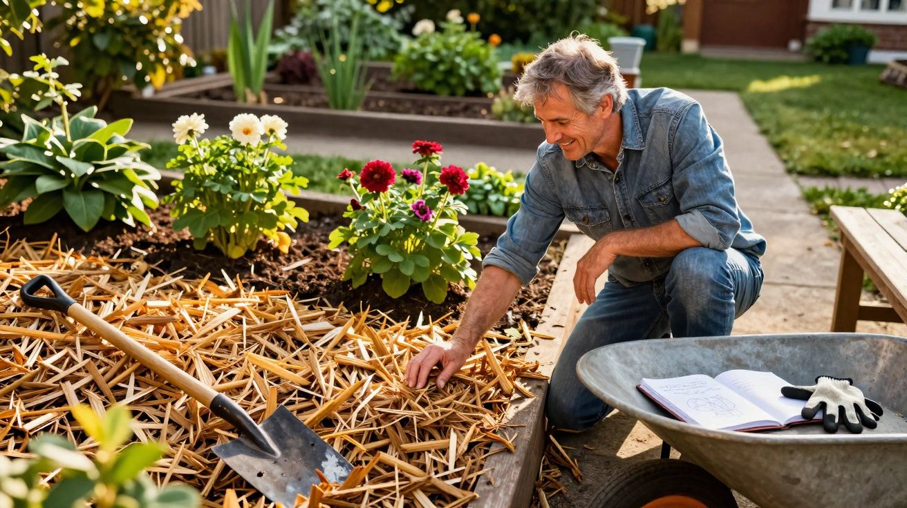 Homem cuidando de planta em jardim com flores e carrinho de mão ao lado em dia ensolarado.