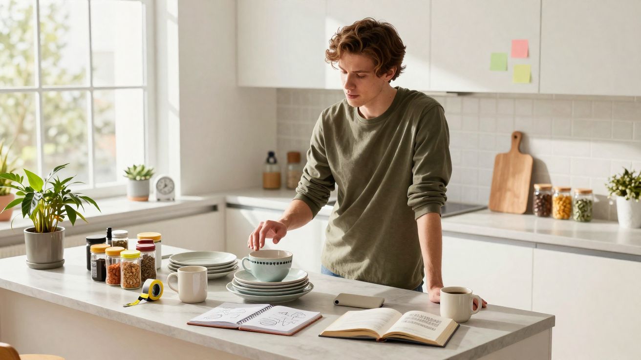 Jovem em camiseta verde apoiado em bancada de cozinha com livros, xícaras e potes organizados ao redor.
