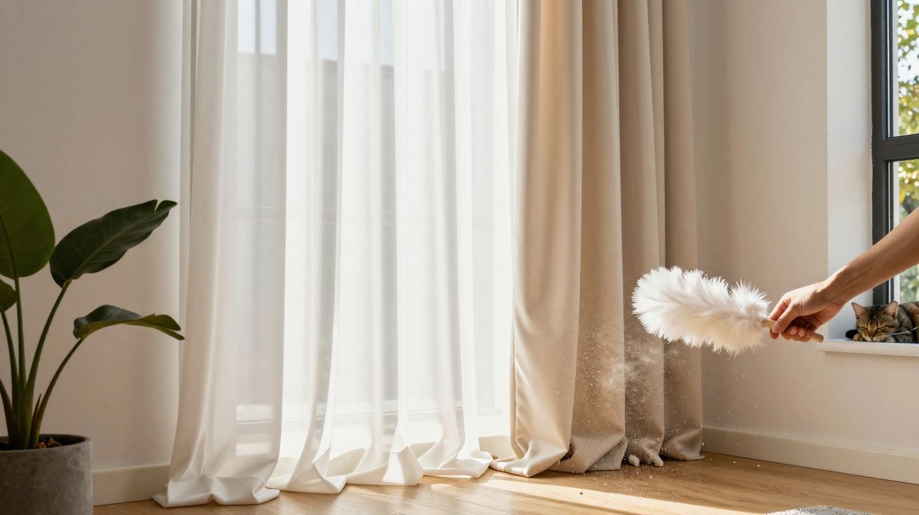 Mão segurando espanador limpando cortina clara ao lado de planta e gato dormindo no parapeito da janela.