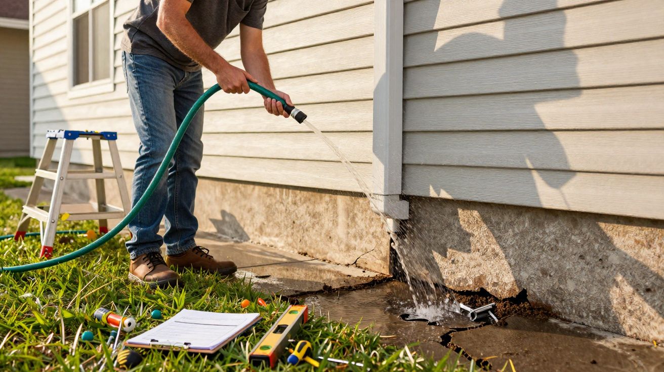 Homem regando a fundação de uma casa com mangueira ao lado de ferramentas sobre a grama.