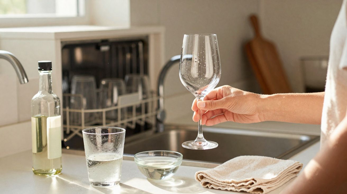 Pessoa segurando taça de vidro sobre pia com garrafa, copo, tigela e pano na bancada da cozinha.