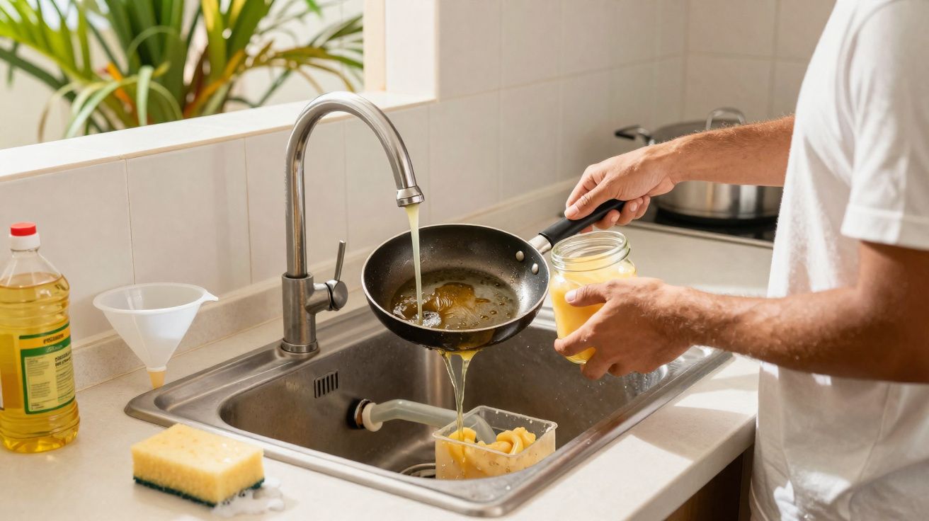 Pessoa lavando frigideira com óleo na pia da cozinha, com utensílios próximos e planta ao fundo.