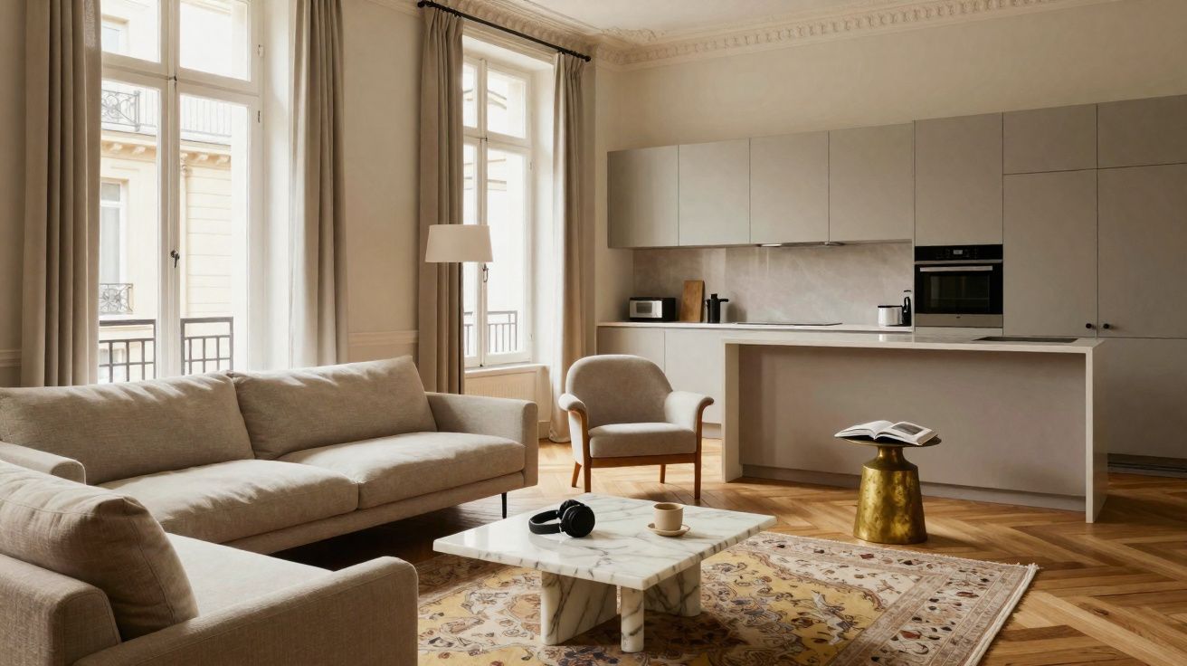 Sala de estar com sofá cinza, poltrona, mesa de centro mármore, tapete e cozinha integrada ao fundo.