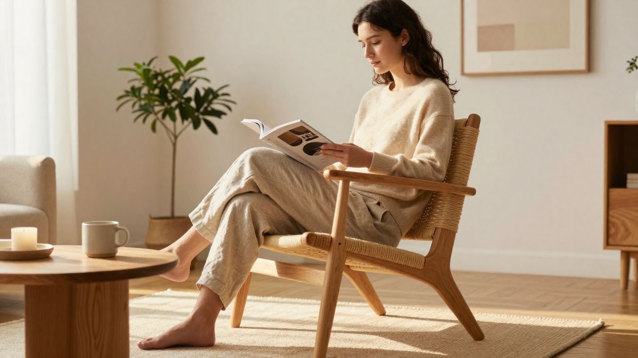Mulher sentada em cadeira de madeira lendo revista em sala iluminada com planta e mesa de centro.