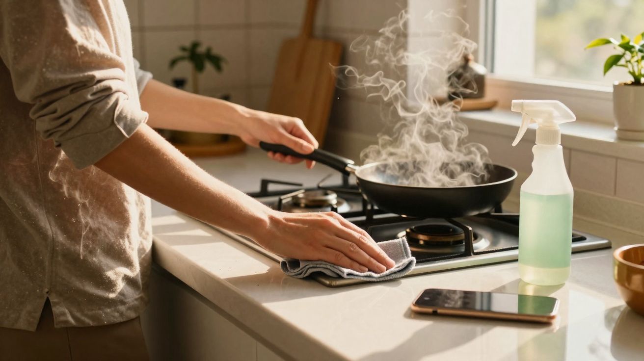 Pessoa limpa a bancada da cozinha enquanto cozinha em frigideira fumegante no fogão a gás.