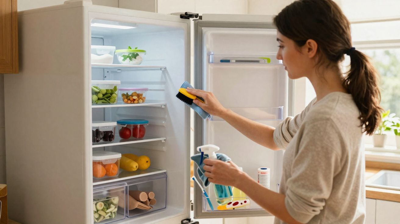 Mulher limpando a porta interna de uma geladeira branca cheia de alimentos organizados na cozinha.