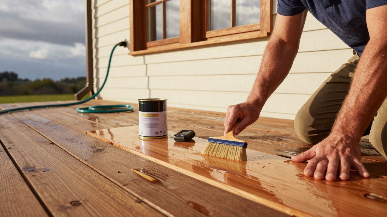 Pessoa limpando a madeira de um deque externo usando uma escova pequena e verniz.