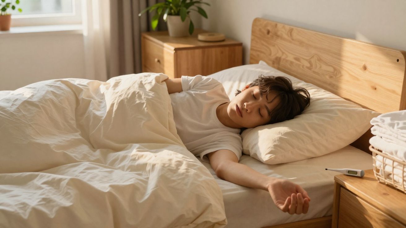 Pessoa deitada na cama dormindo em quarto iluminado com roupa de cama clara e móveis de madeira clara.