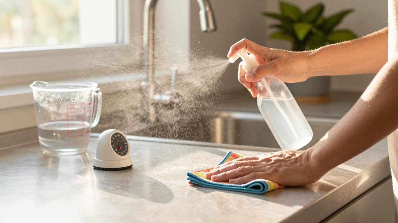 Pessoa borrifando produto de limpeza em uma superfície de cozinha para limpar com pano colorido.