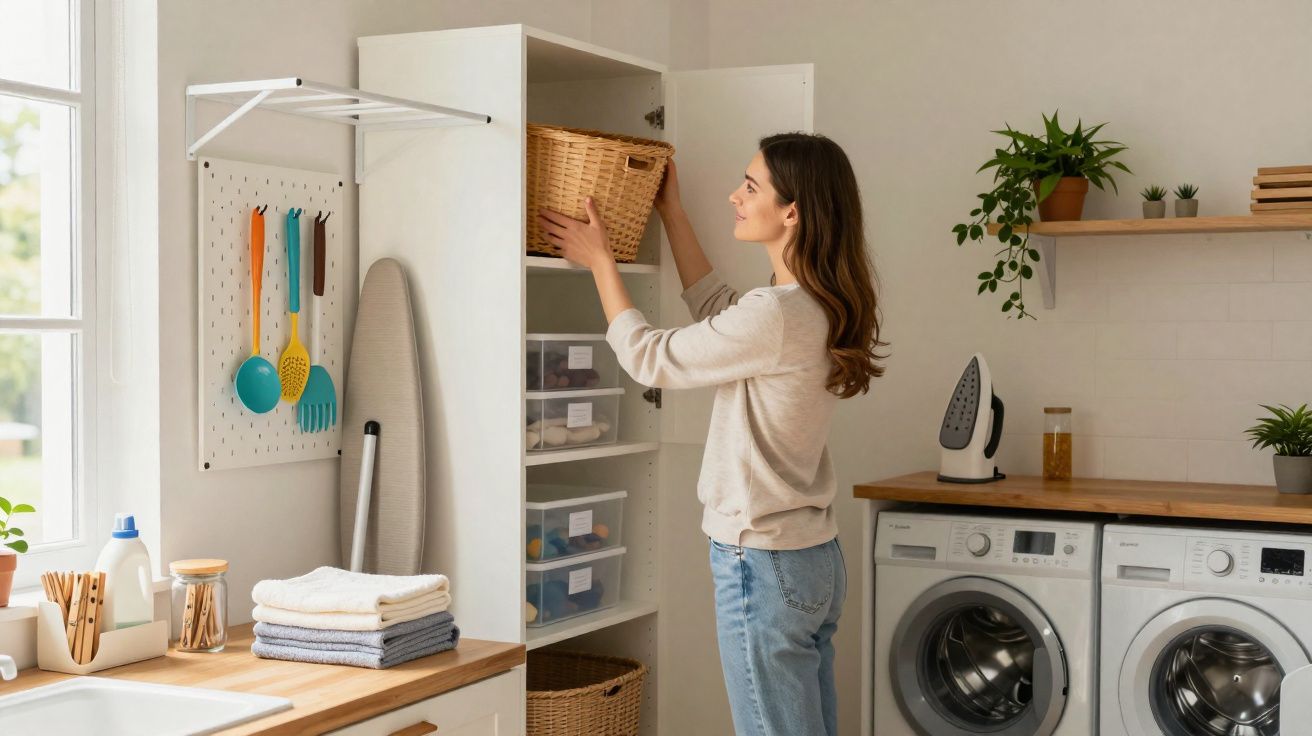 Mulher organizando cesta em armário branco na lavanderia com máquina de lavar e tábua de passar roupas.