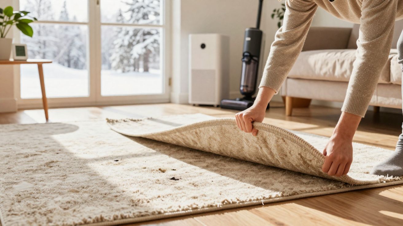 Pessoa levantando tapete claro em sala de estar com piso de madeira e janela ao fundo.