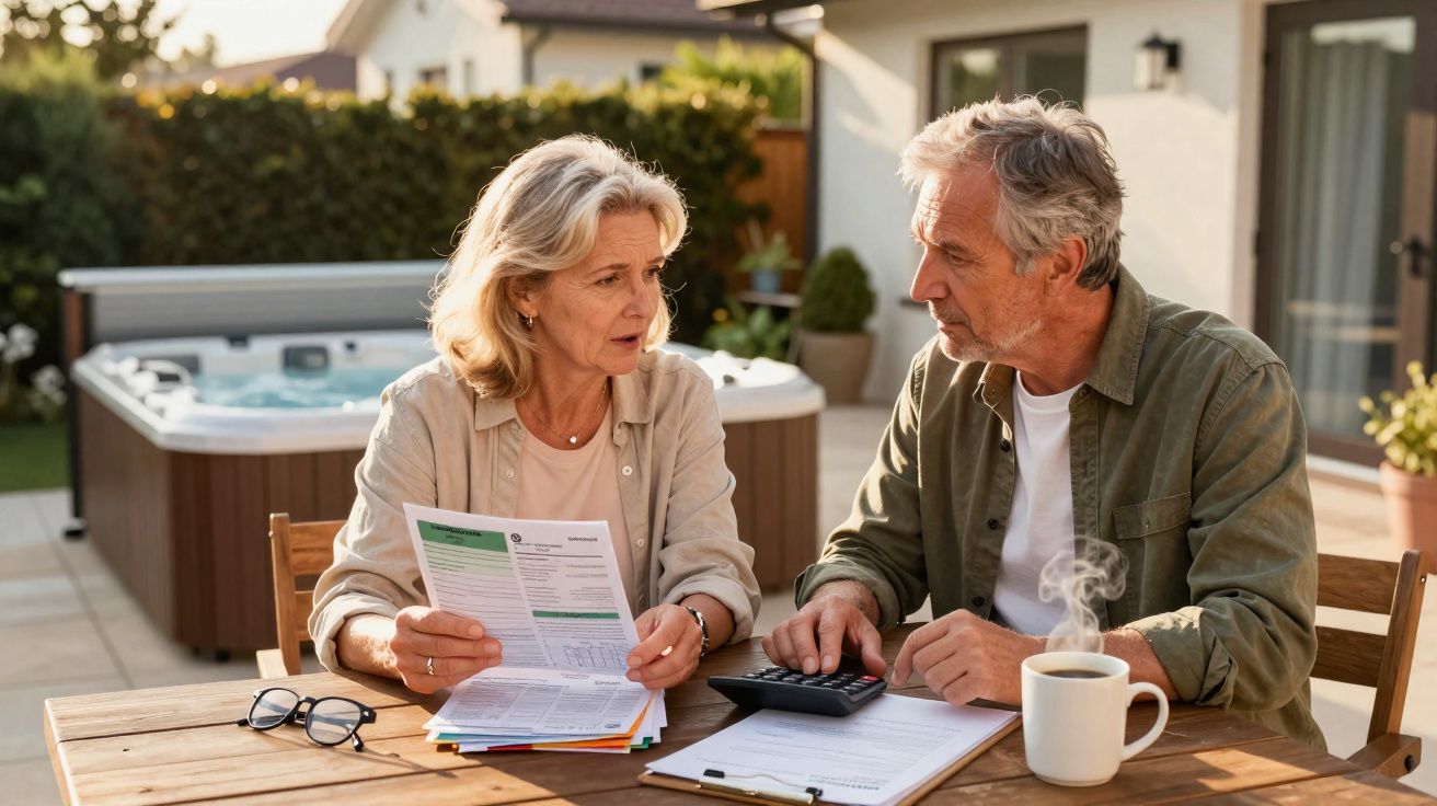 Casal maduro sentado à mesa ao ar livre, analisando contas e usando calculadora com expressão preocupada.