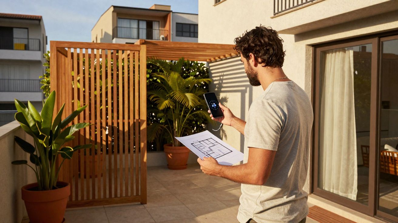 Homem olhando planta baixa de casa e usando celular em varanda com plantas e pergolado de madeira.