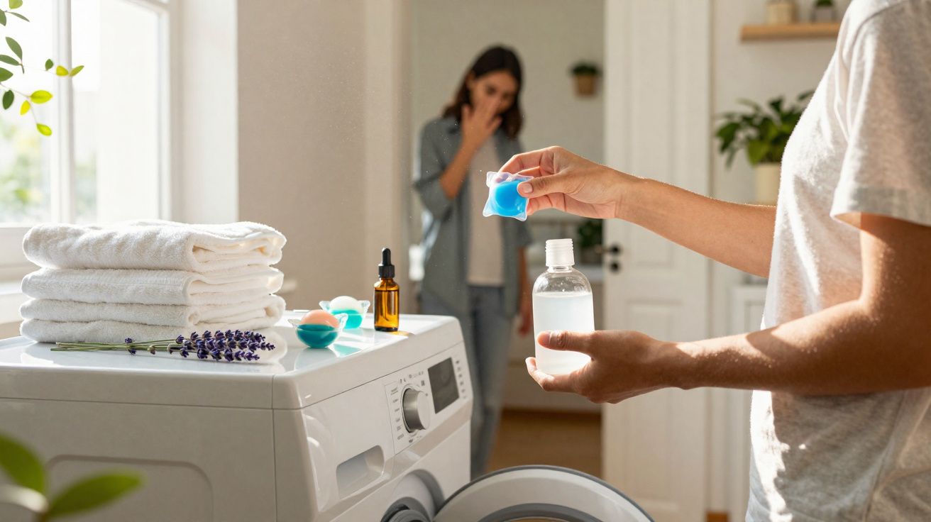 Pessoa segurando cápsula de sabão em gel ao lado de máquina de lavar ropa, com mulher ao fundo.