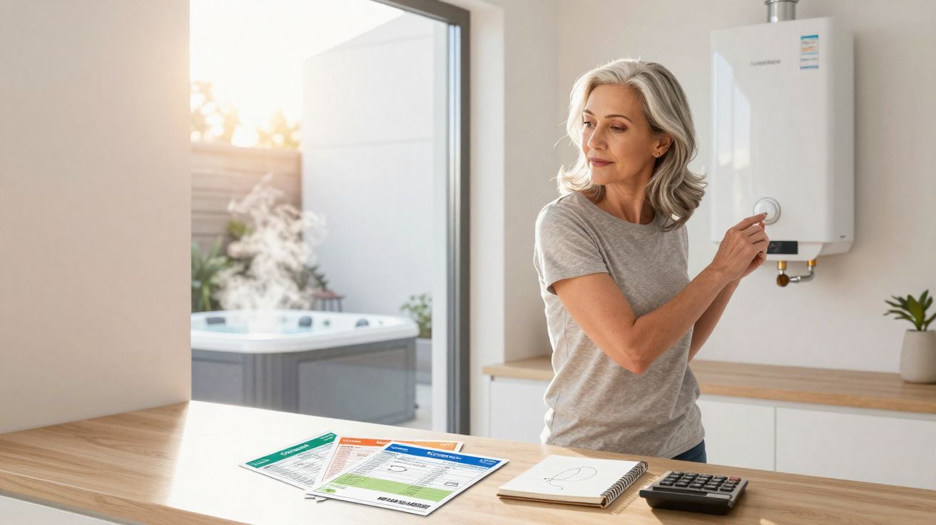 Mulher ajusta controle de aquecedor de água em cozinha com documentos na bancada e ofurô ao fundo.