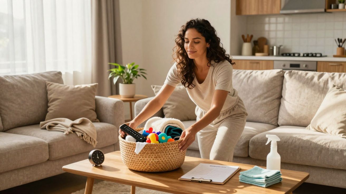 Mulher arrumando cesta com brinquedos e controle remoto em sala de estar aconchegante e iluminada.