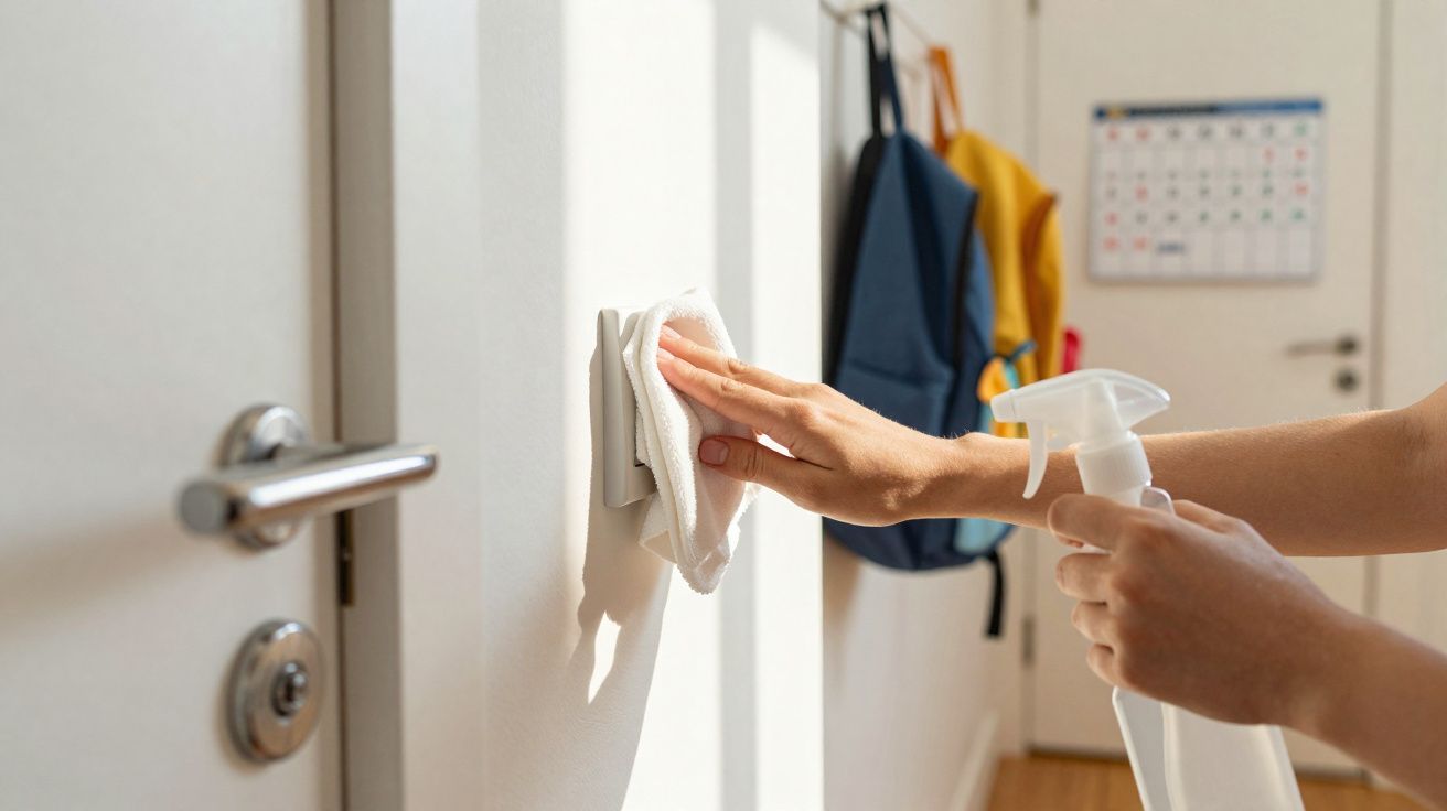 Pessoa limpando interruptor de luz com pano branco e spray em ambiente interno iluminado.