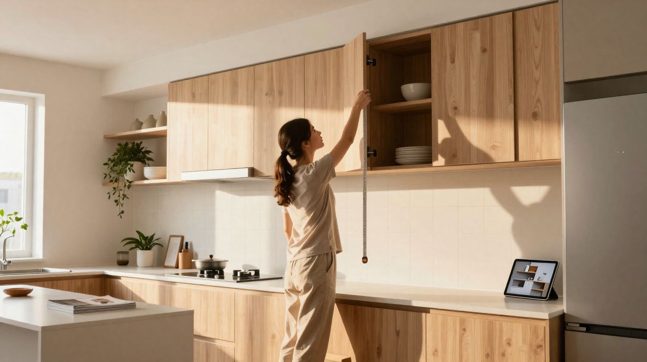 Mulher abrindo armário alto em cozinha iluminada com armários e bancada de madeira clara.