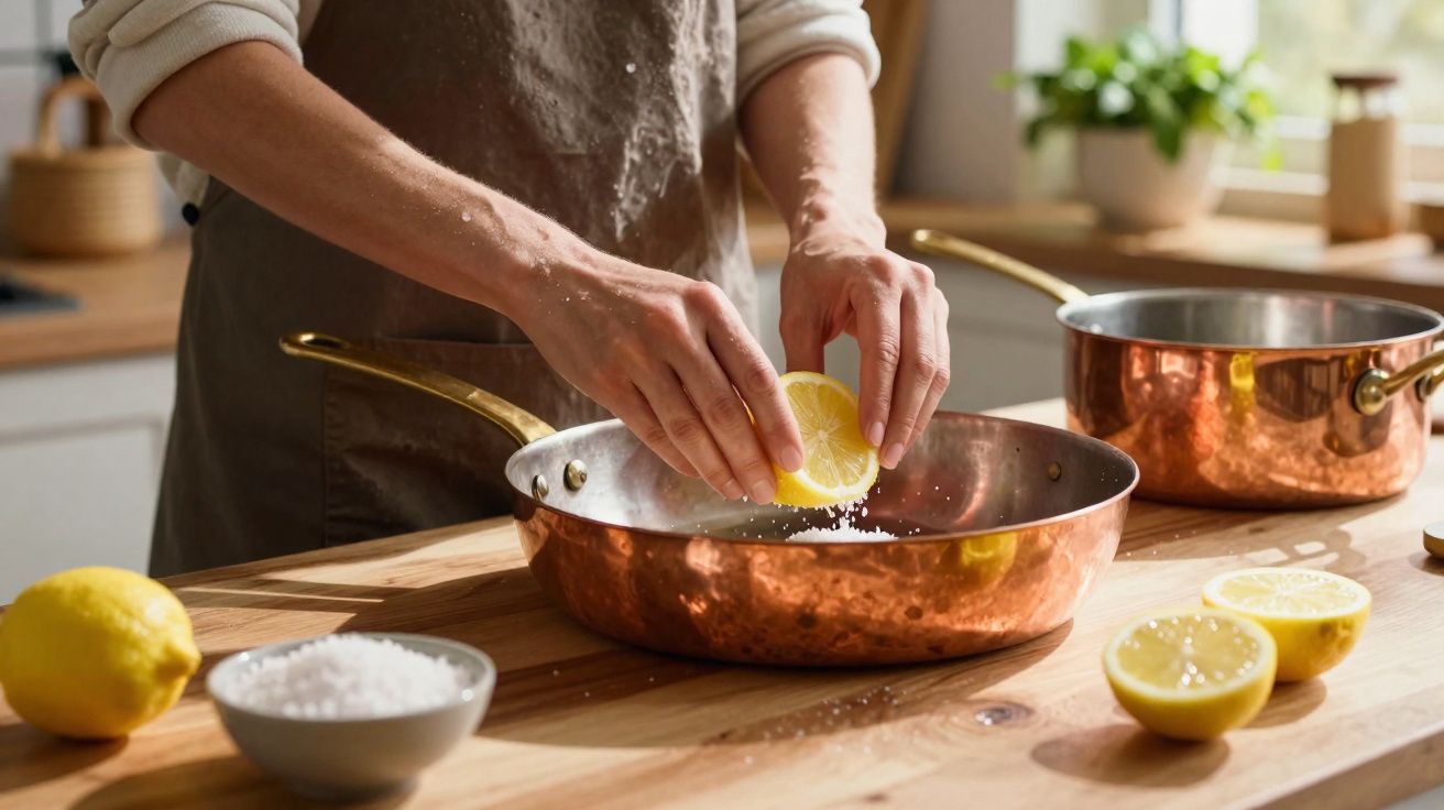 Pessoa espremendo limão em panela de cobre sobre bancada de madeira com sal e limões cortados.