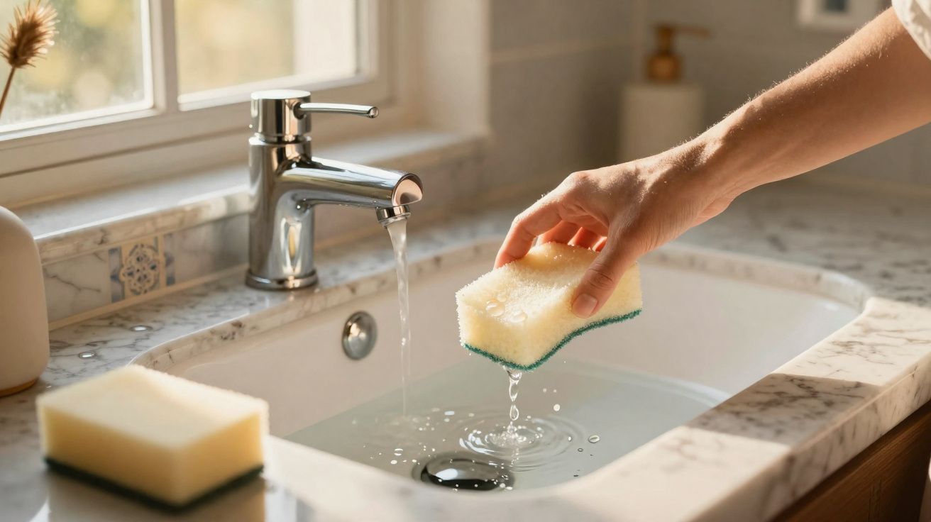 Mão segurando esponja molhada sobre pia branca com torneira chromada e água corrente.
