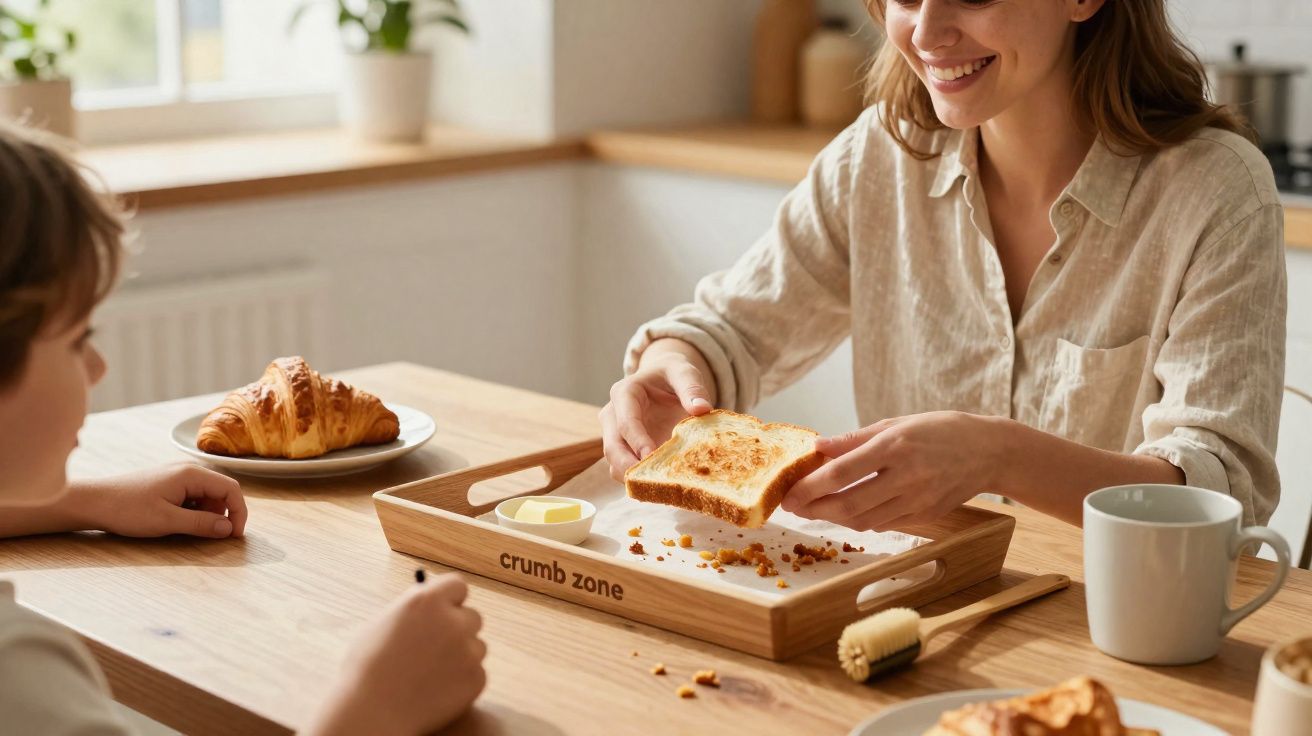 Mulher sorrindo limpando migalhas de pão em bandeja enquanto criança observa durante café da manhã.