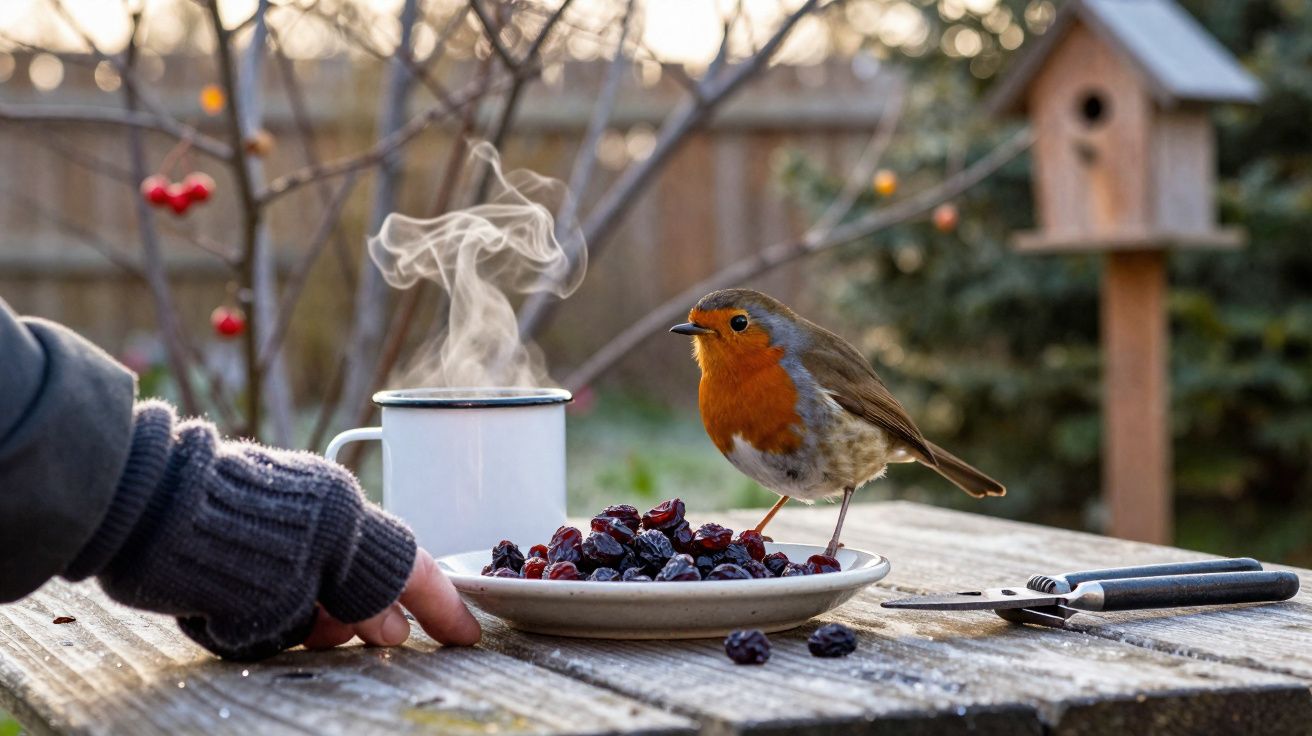 Pássaro apoia uma das patas em prato com frutas secas ao lado de caneca de bebida quente e mão com luva.