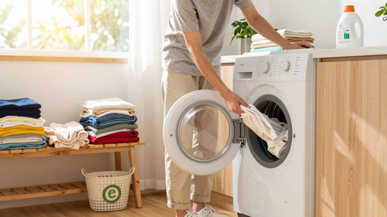 Pessoa colocando roupas na máquina de lavar roupa em lavanderia iluminada e organizada.