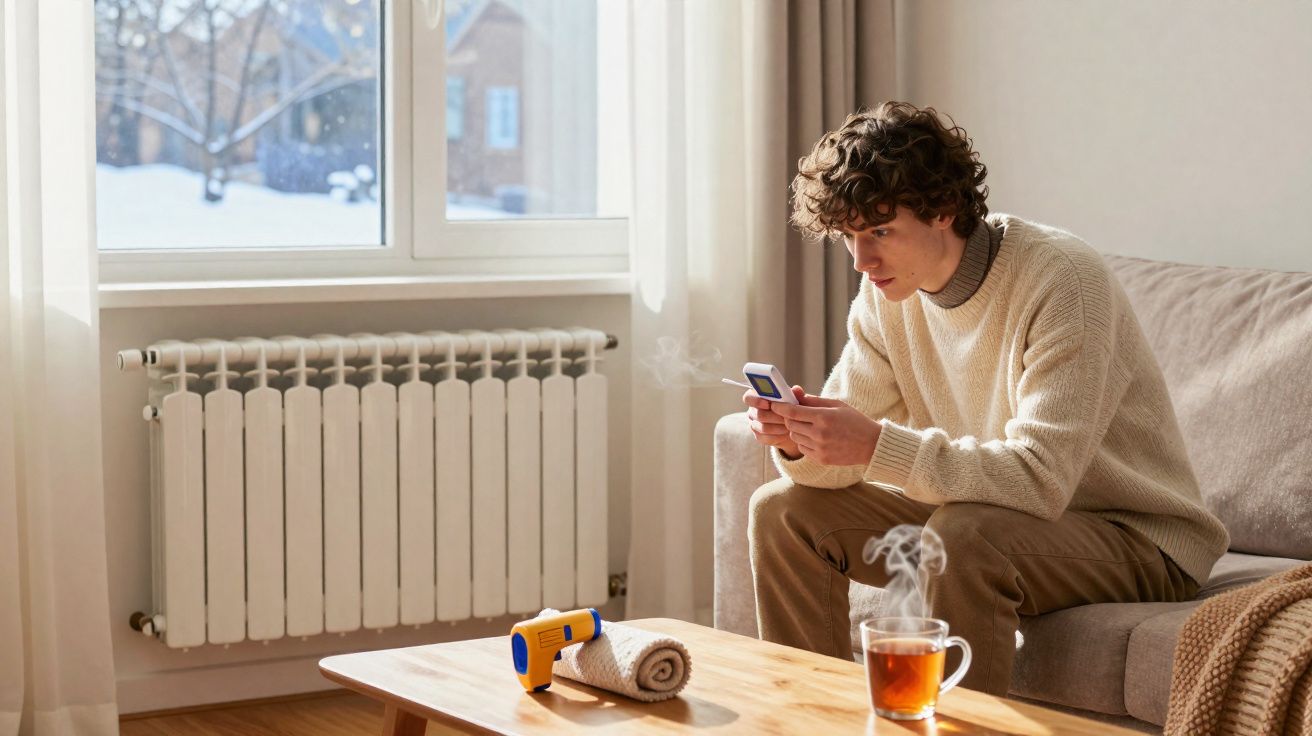 Jovem sentado no sofá vendo temperatura da casa na leitura do termômetro em ambiente com janela e aquecedor.