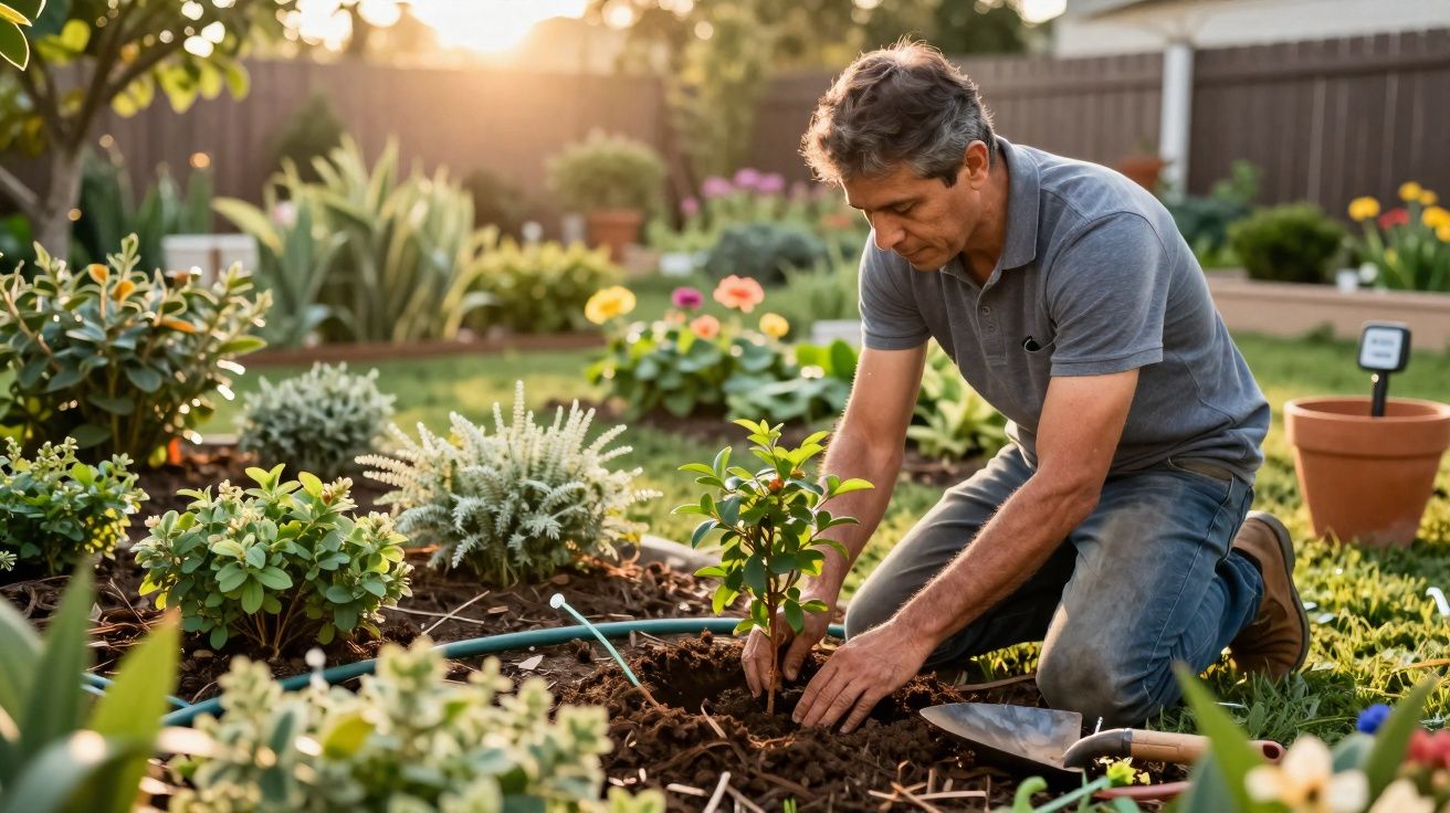 Homem cuidando de plantas em jardim com flores variadas ao entardecer.