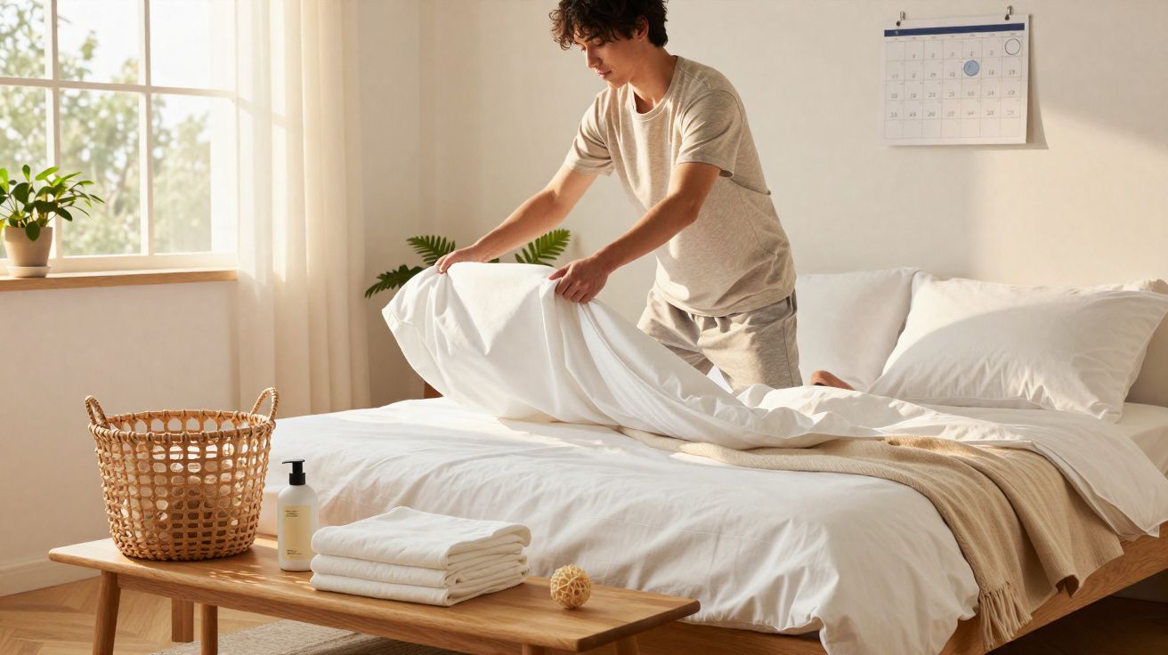 Homem arrumando a cama em quarto iluminado com janela, planta, cesto de roupas e calendário na parede.