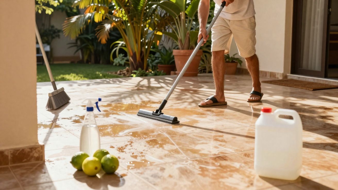 Pessoa limpando piso externo com rodo, vassoura, garrafa com borrifador, galão e limões verdes ao lado.