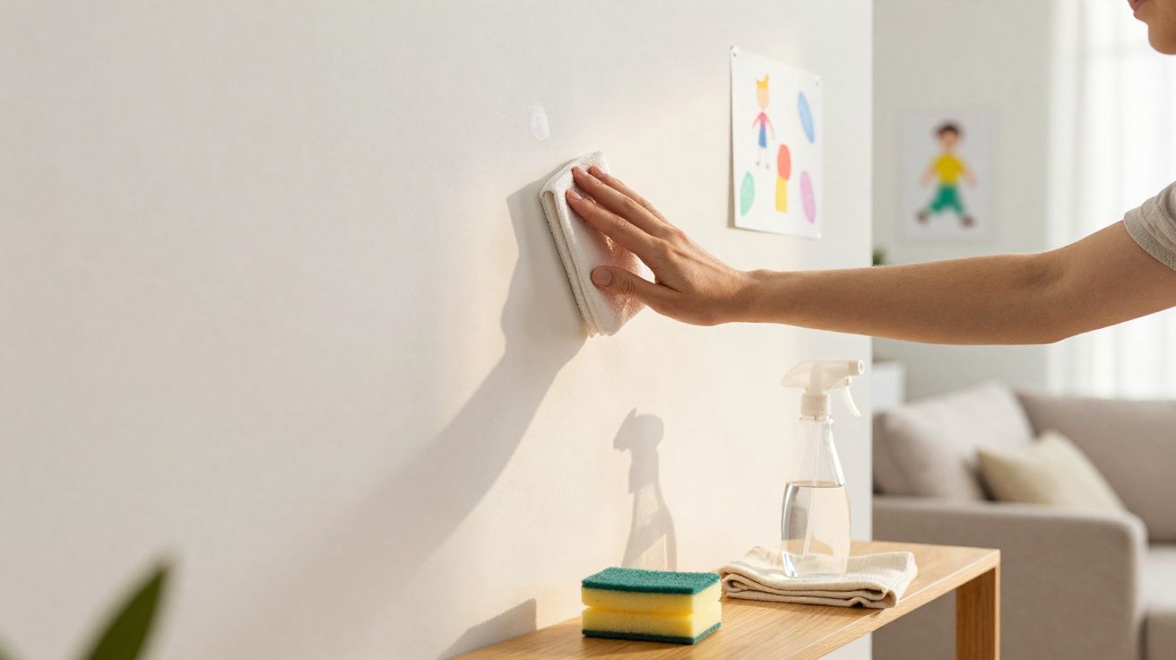 Pessoa limpando parede branca com pano em sala com móveis e desenhos infantis.