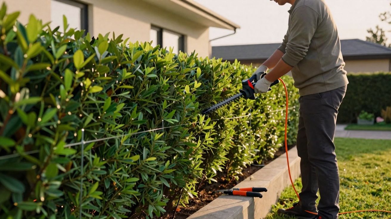 Pessoa aparando sebes verdes com tesoura elétrica em jardim residencial ao entardecer.