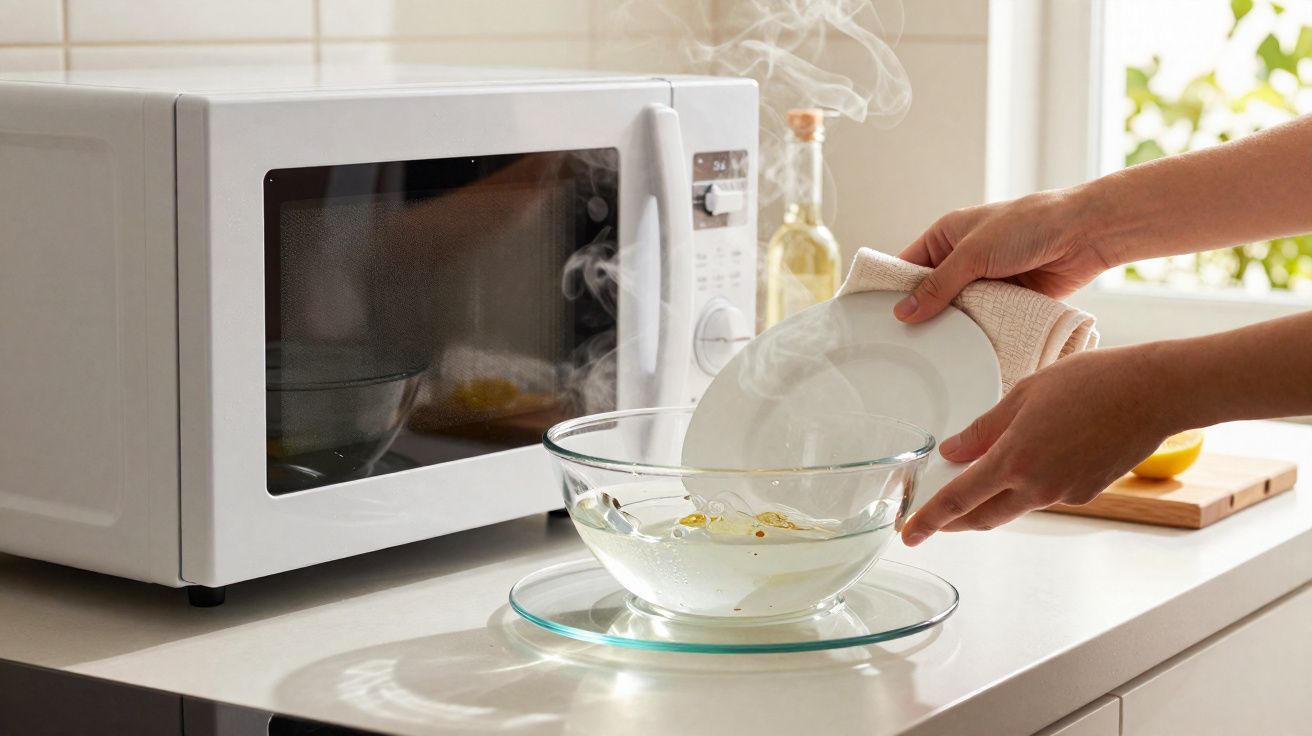 Mãos retirando prato quente de micro-ondas branco com vapor em cozinha iluminada por luz natural.