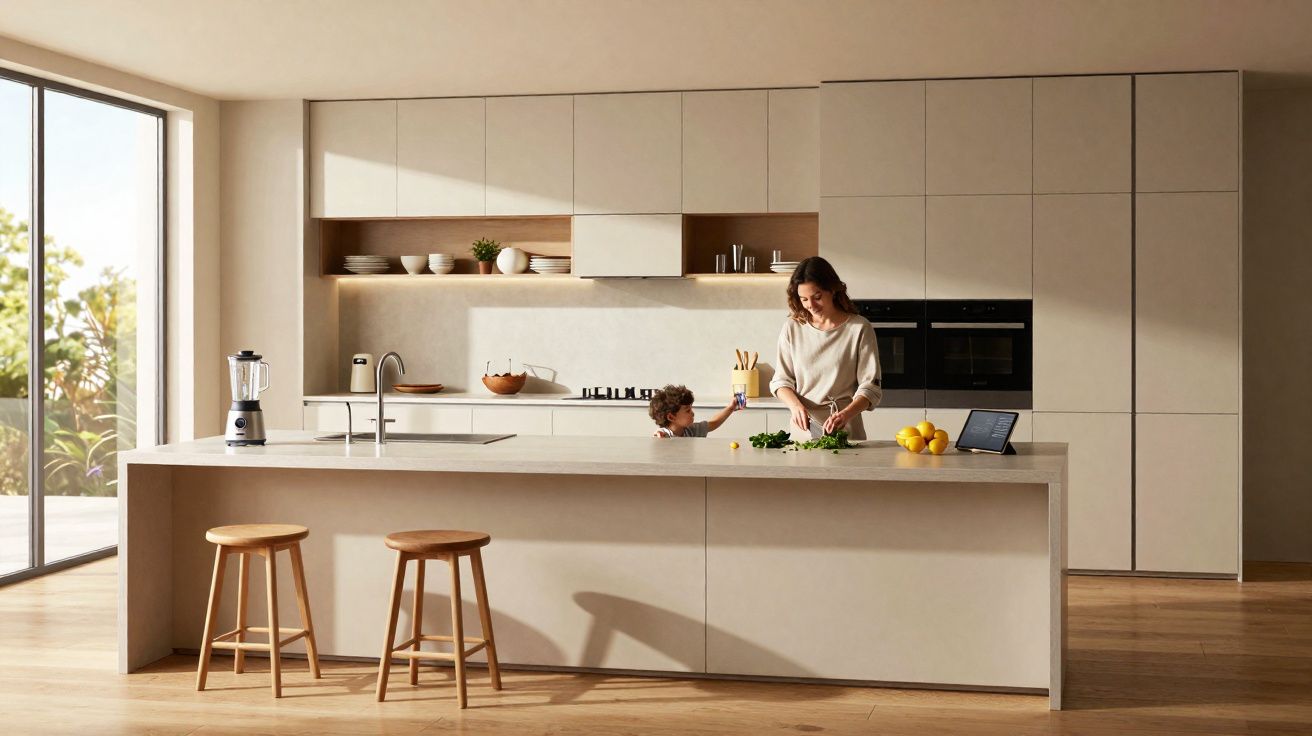 Cozinha moderna branca com bancada central, mulher e criança preparando alimentos juntos.