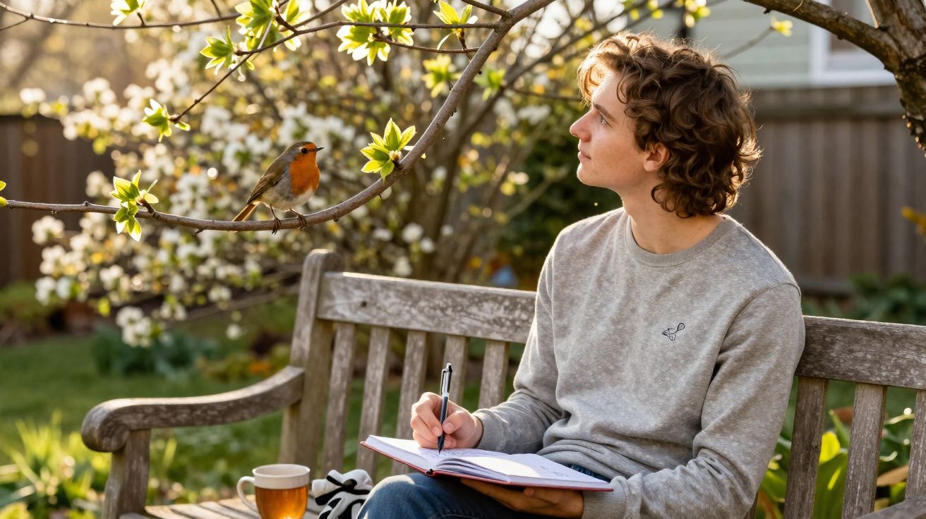 Pessoa sentada em banco de madeira no jardim, escrevendo em caderno e olhando para pássaro em ramo florido.