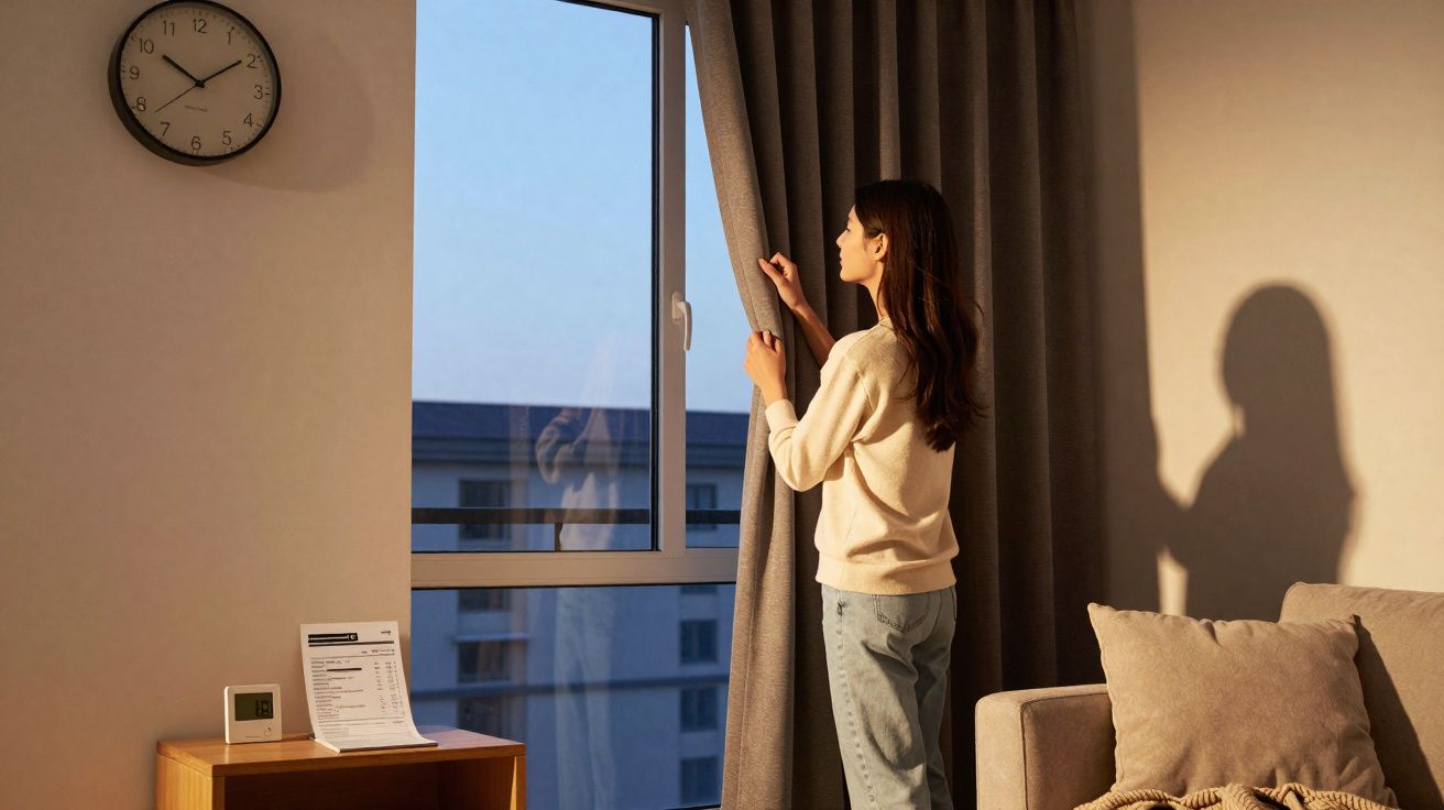 Mulher abre cortina em sala com sofá e relógio mostrando 17h10, vista para prédio ao entardecer.