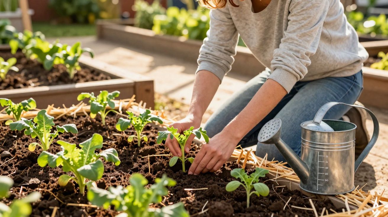 Pessoa com regador cuidando de mudas em canteiro de horta caseira ao ar livre.